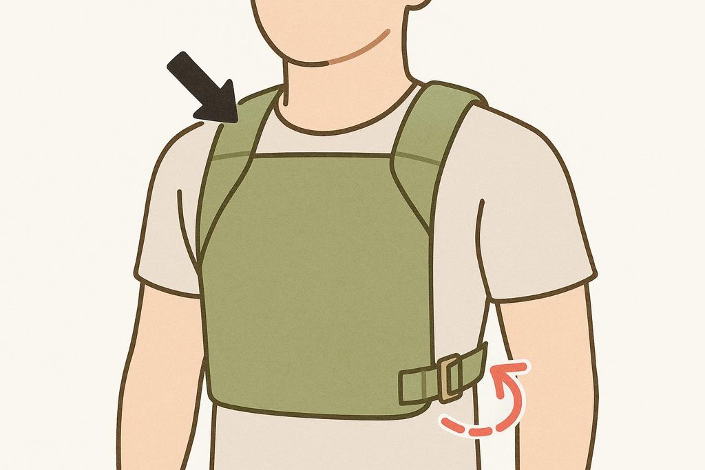 An illustration showing a person wearing a green ruck vest. A black arrow points to the shoulder strap, indicating an adjustment point. A red curved arrow points to the side strap with a buckle, indicating another adjustment point.