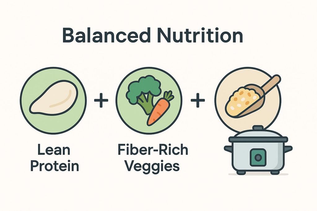 A diagram illustrating 'Balanced Nutrition' by combining icons for lean protein (chicken breast), fiber-rich veggies (broccoli and carrot), and whole grains (scoop over a slow cooker). The text below reads 'Lean Protein', 'Fiber-Rich Veggies', and implicitly 'Whole Grains' with the slow cooker.
