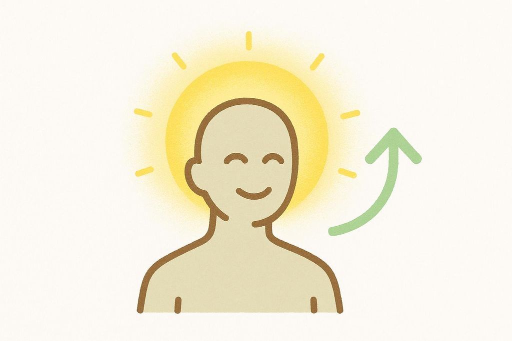 Illustration of a figure with a bright aura and upward arrow, symbolizing an energy and mood boost.