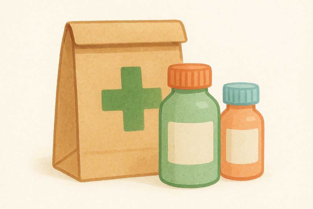 An illustration of a brown paper pharmacy bag with a green cross symbol, next to two opaque pill bottles. The larger bottle is green with an orange cap, and the smaller bottle is orange with a light blue cap. Both bottles have blank white labels.