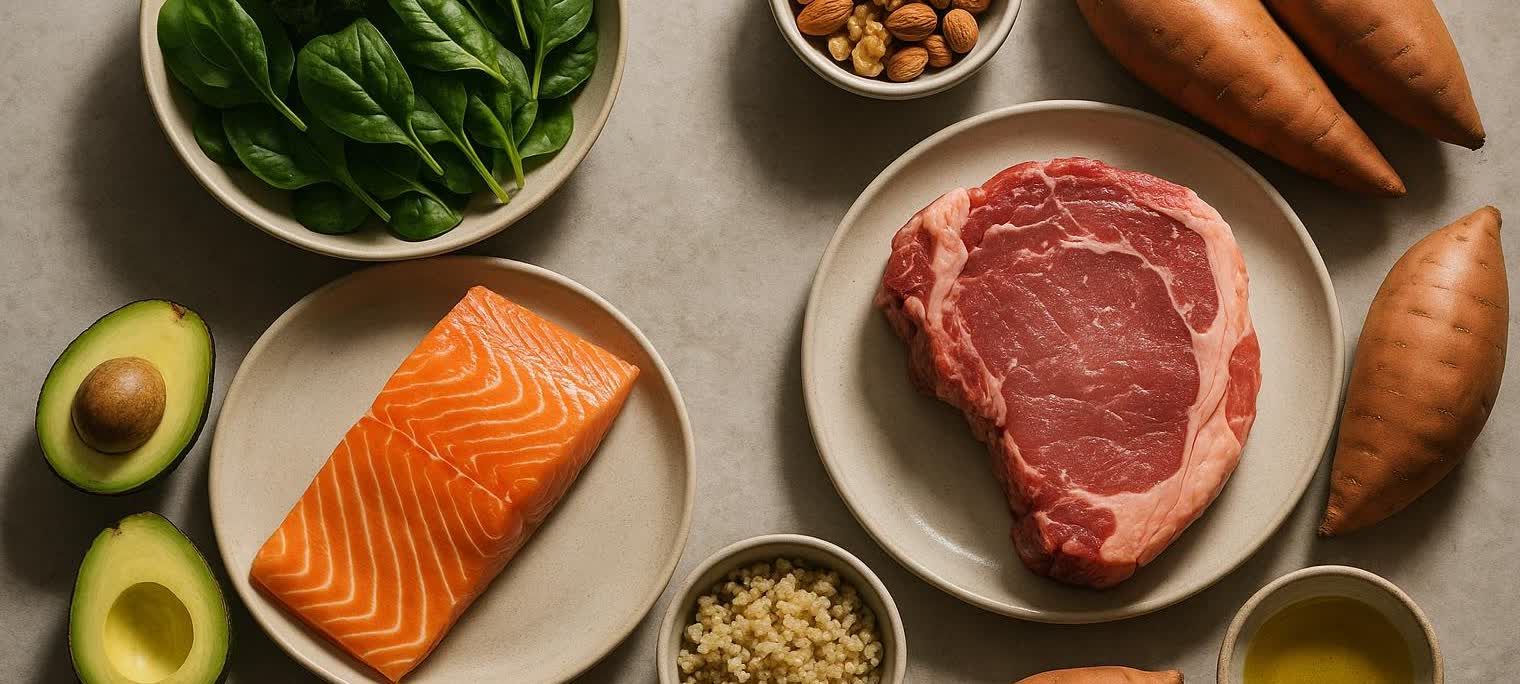 An overhead shot of various healthy whole foods arranged on a kitchen counter, including a salmon fillet, a raw steak, spinach, avocado, nuts, couscous, sweet potatoes, and olive oil.