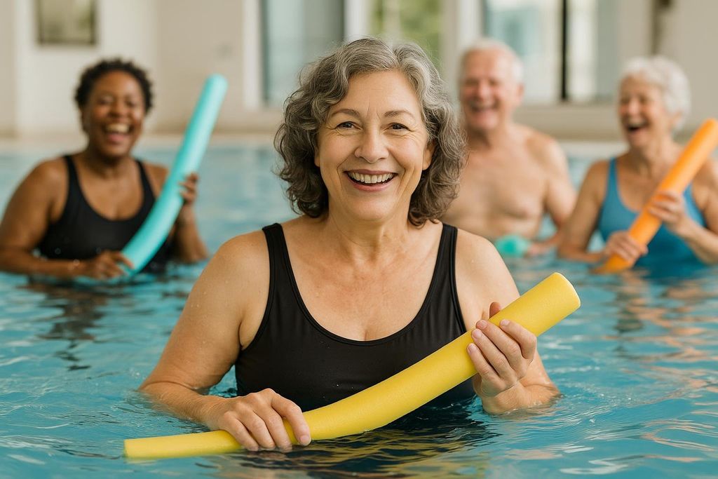 A group of cheerful and diverse older adults engaging in a water aerobics class. The woman in the foreground with gray hair and a black swimsuit smiles at the camera, holding a yellow foam noodle. Others in the background also hold foam noodles and appear to be enjoying the class.