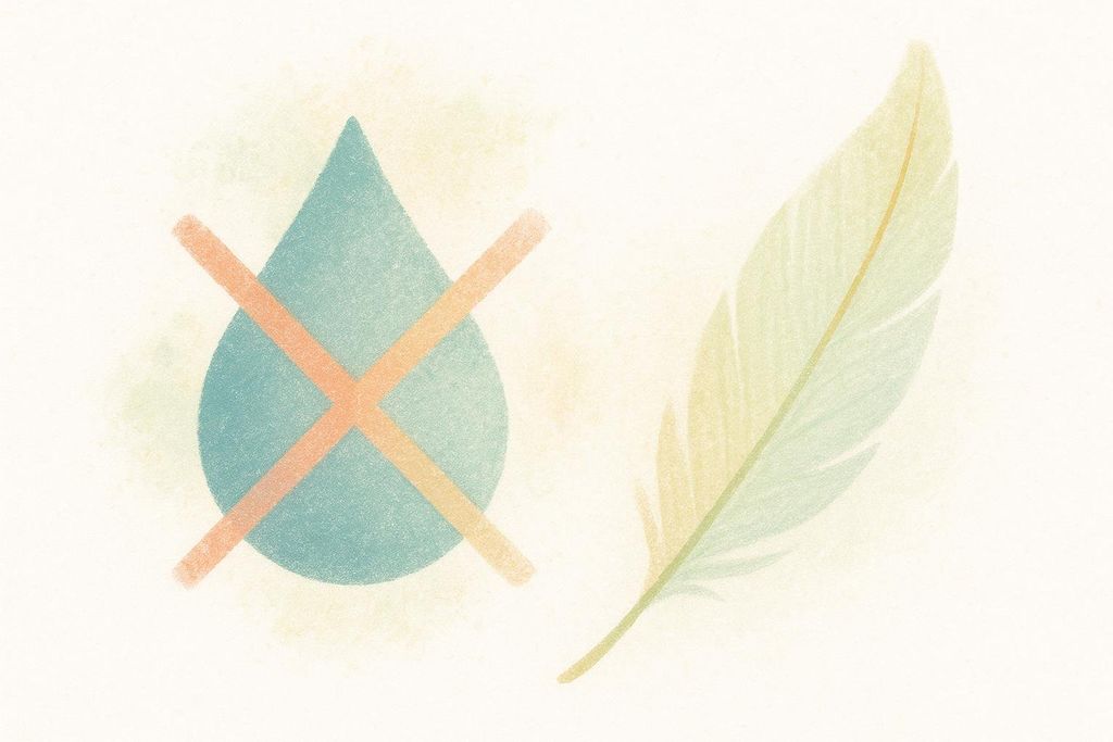 An illustration showing a blue water droplet with a red 'X' over it next to a light green and yellow feather, symbolizing reduced water retention or a lighter feeling.