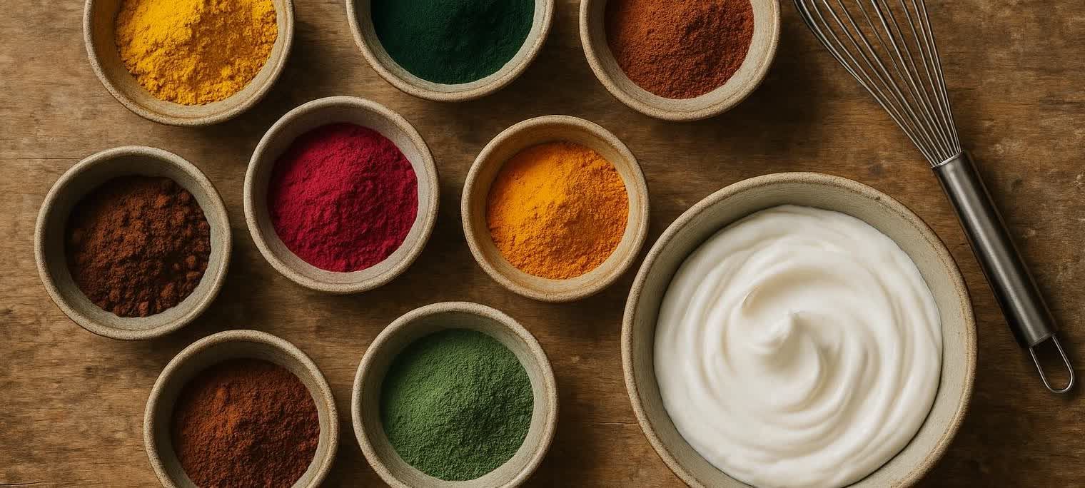 An overhead shot of bowls filled with vibrantly colored natural powders (yellow, red, orange, various greens, and browns), representing clean-label food dyes, arranged on a wooden surface around a bowl of white yogurt with a whisk partially visible.