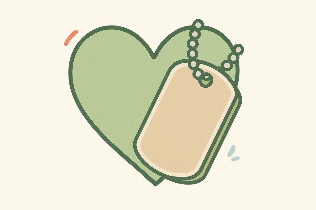 An illustration featuring a light green heart with a darker green outline, partially covered by a beige dog tag with a darker green outline and a chain. The background is a plain light cream color. The image includes small decorative dashes in orange and blue. The overall style is simple and graphic, with a slightly textured appearance.