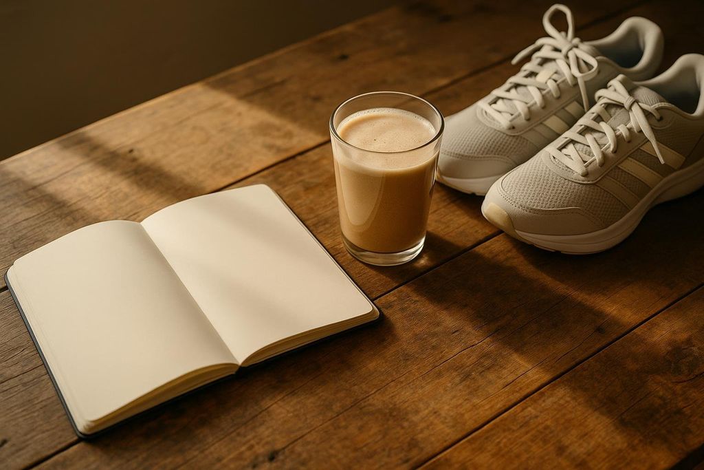 An open, blank notebook, a glass of protein shake, and a pair of athletic shoes arranged on a rustic wooden desk. Sunlight casts shadows across the surface.