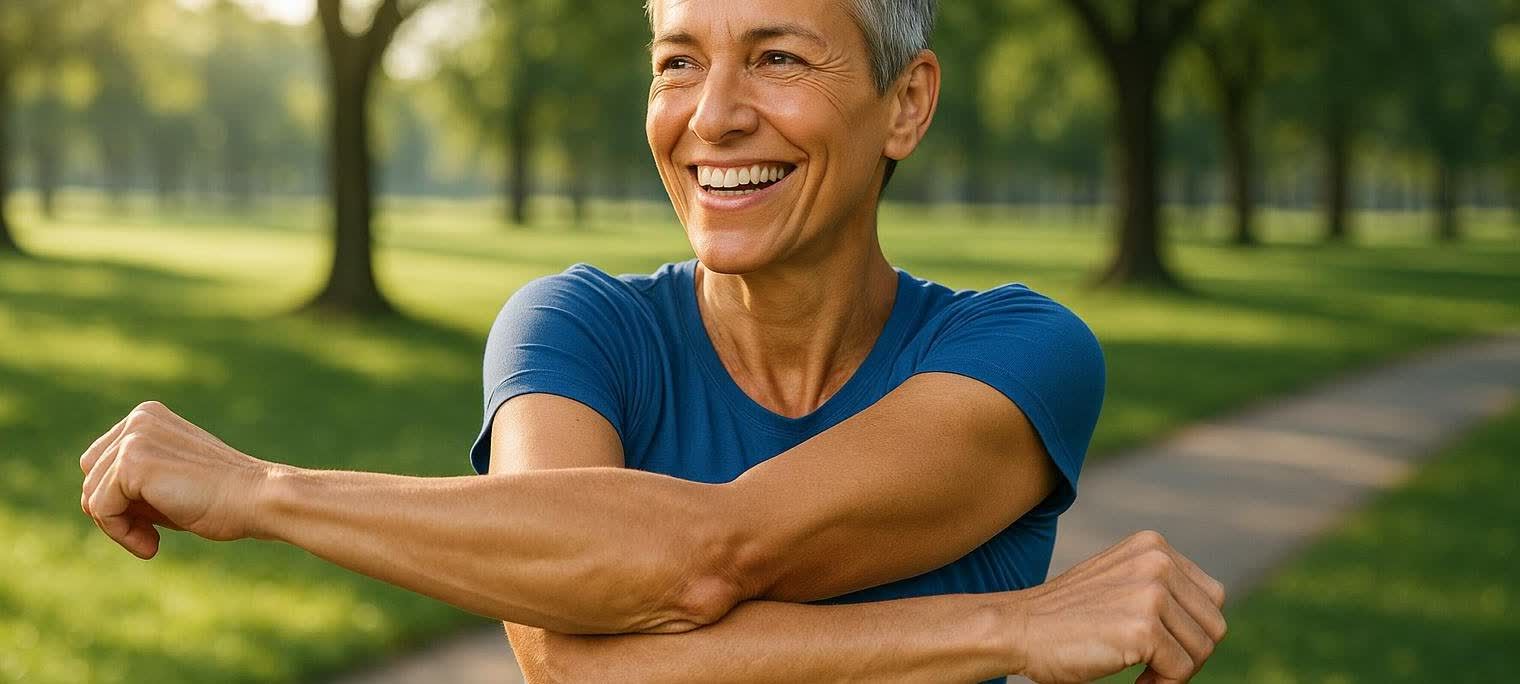 A woman with short gray hair smiles while stretching her arms outdoors in a park.