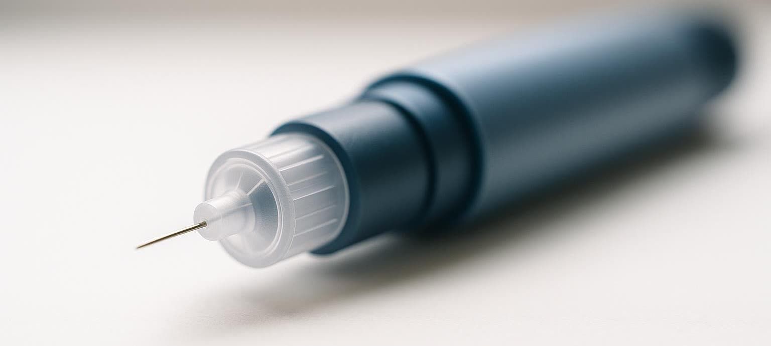 Close-up of a blue and clear insulin pen injector with the needle exposed, resting on a white surface.