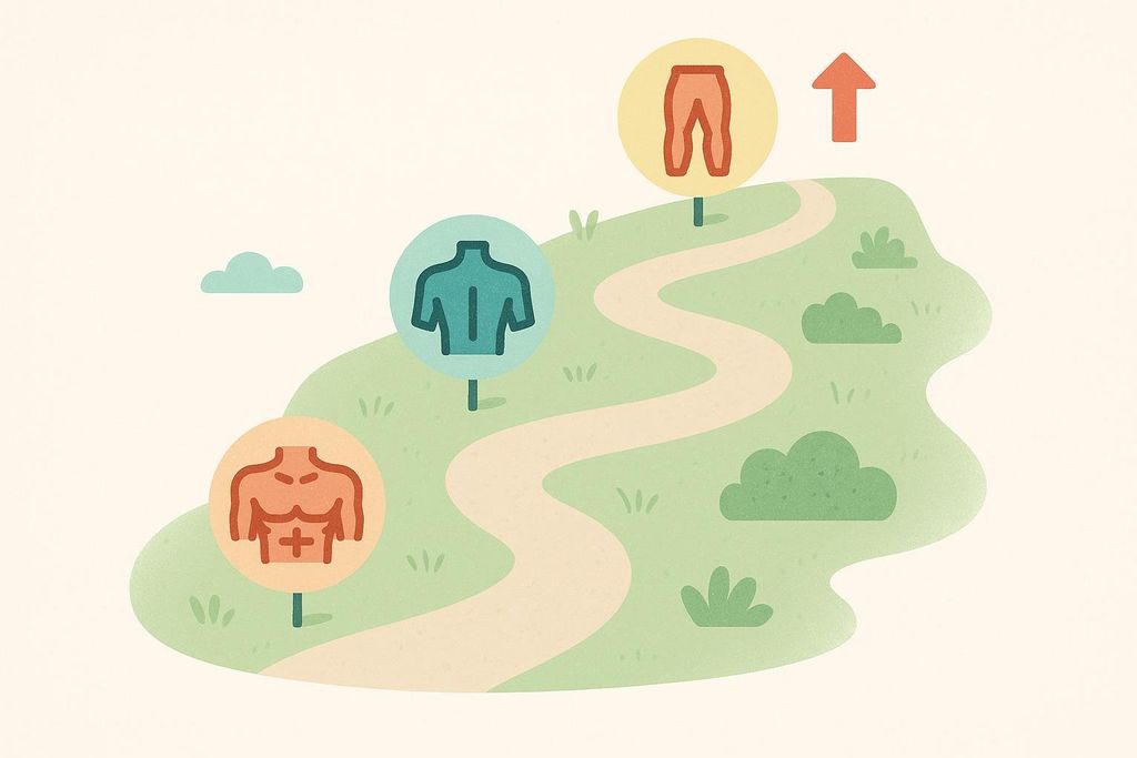 An illustration depicting a winding path on a grassy hill, with three station markers along the path. The first marker has a red outline of a muscular upper body with an abs icon. The second marker, further along the path, shows a teal outline of a back and shoulders. The third marker, near the top, displays a red outline of pants, representing legs and glutes, followed by a red upward-pointing arrow. The overall image signifies a progressive workout plan.