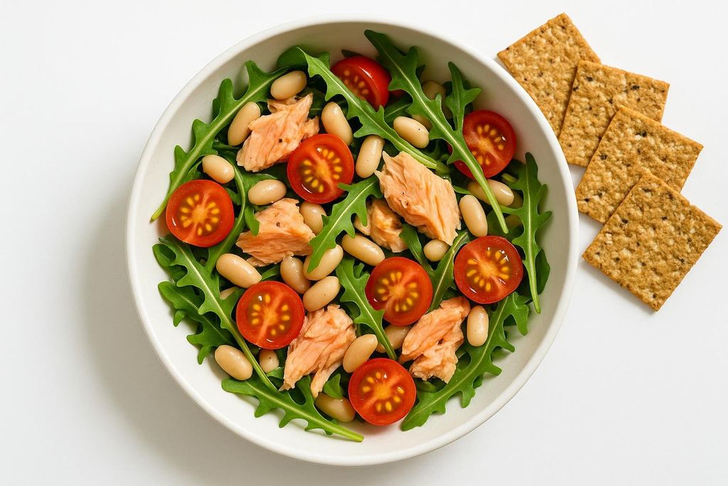 A colorful salad in a white bowl, consisting of flaky salmon, white beans, halved cherry tomatoes, and rocket (arugula). Four rectangular whole wheat crackers are placed to the side of the bowl on a white background, completing a quick and healthy meal.