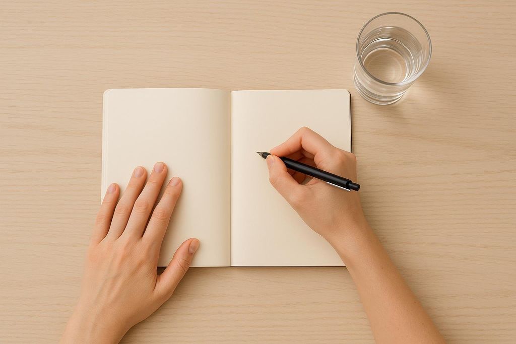 A person's hands writing in an open notebook with a black pen, next to a clear glass of water, on a light wooden table.