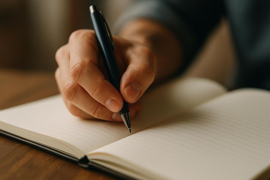 A person's hand holding a dark pen, poised to write on the lined pages of an open notebook or journal. The focus is on the pen tip and the blank lines of the paper.