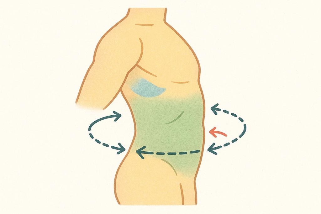 An illustration showing a human torso from the side, with green shading around the core, and blue shading near the ribs. Dashed arrows indicate a 360-degree breathing pattern around the core for proper bracing technique, with a red arrow showing inward movement.