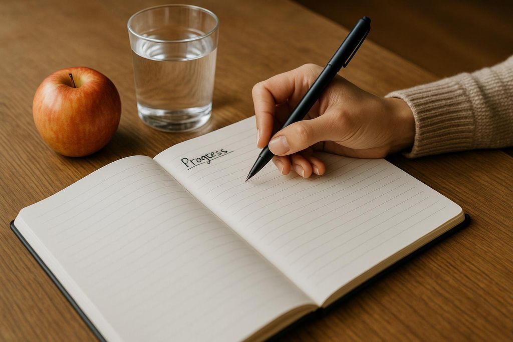 A hand holds a pen and writes the word 'Progress' in a black leather-bound journal. Beside the journal is a glass of water and an apple.