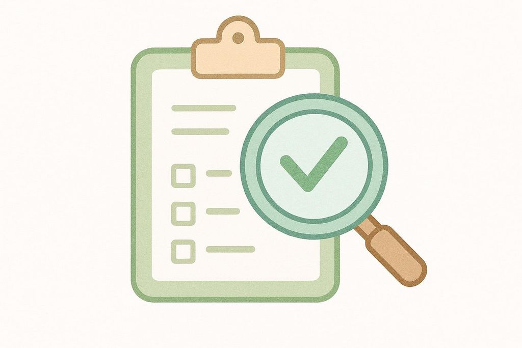 An illustration of a clipboard with a checklist, and a magnifying glass with a green checkmark over it, symbolizing approval or thorough review.