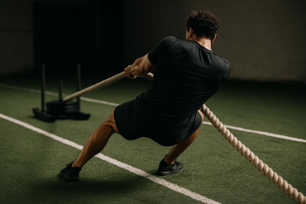 Rear view of a male athlete with muscular back and legs pulling a heavy sled with a rope across a green indoor turf floor.