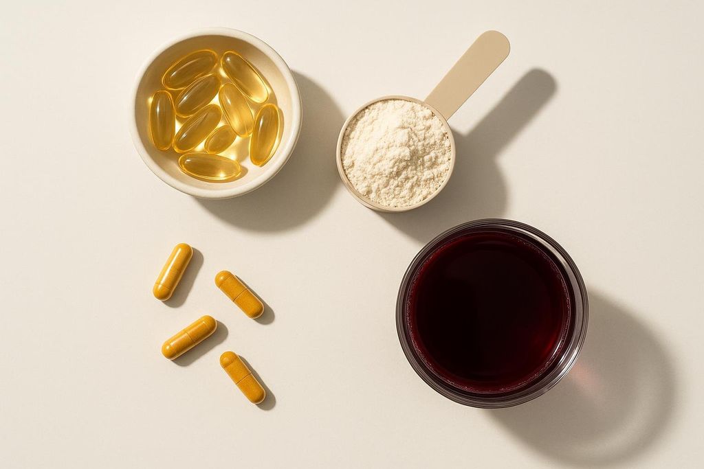A flat lay of several supplements on a cream-colored surface. In the upper left, a small bowl holds golden, transparent omega-3 capsules. To its right, a scoop filled with white protein powder is positioned. In the lower right, a glass of dark red tart cherry juice is present. Four golden-yellow turmeric capsules are scattered in the lower left corner.