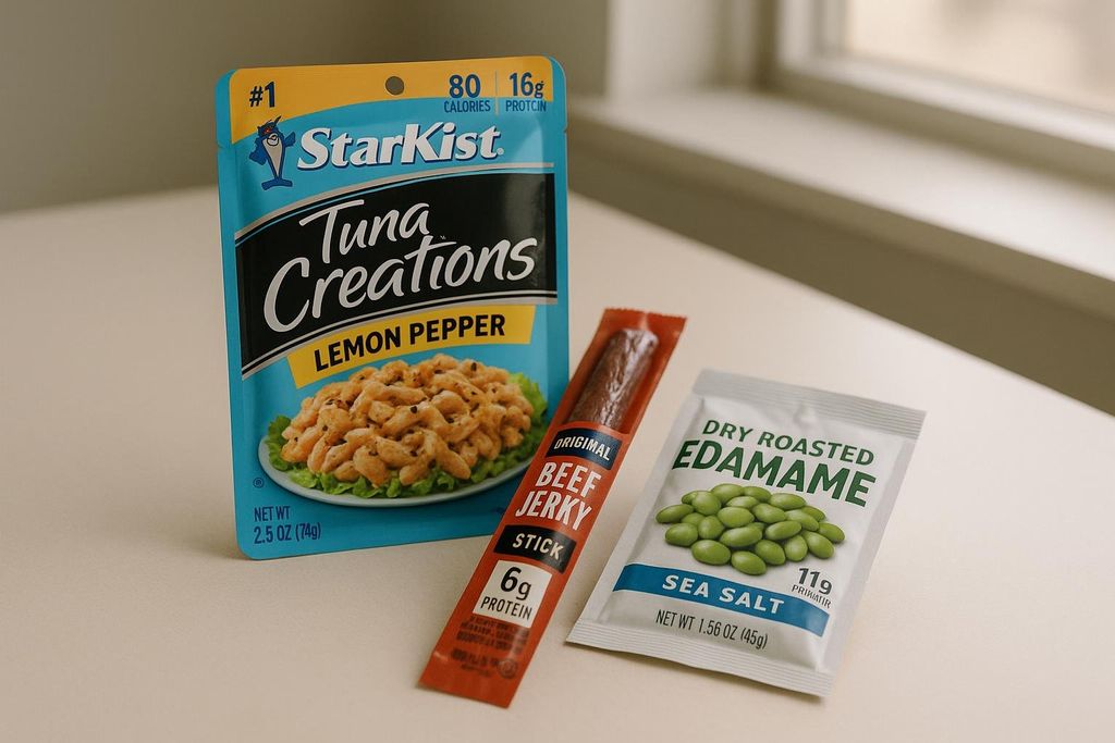 A collection of shelf-stable snacks including a pouch of StarKist Tuna Creations Lemon Pepper, an original beef jerky stick, and a bag of dry roasted edamame with sea salt.