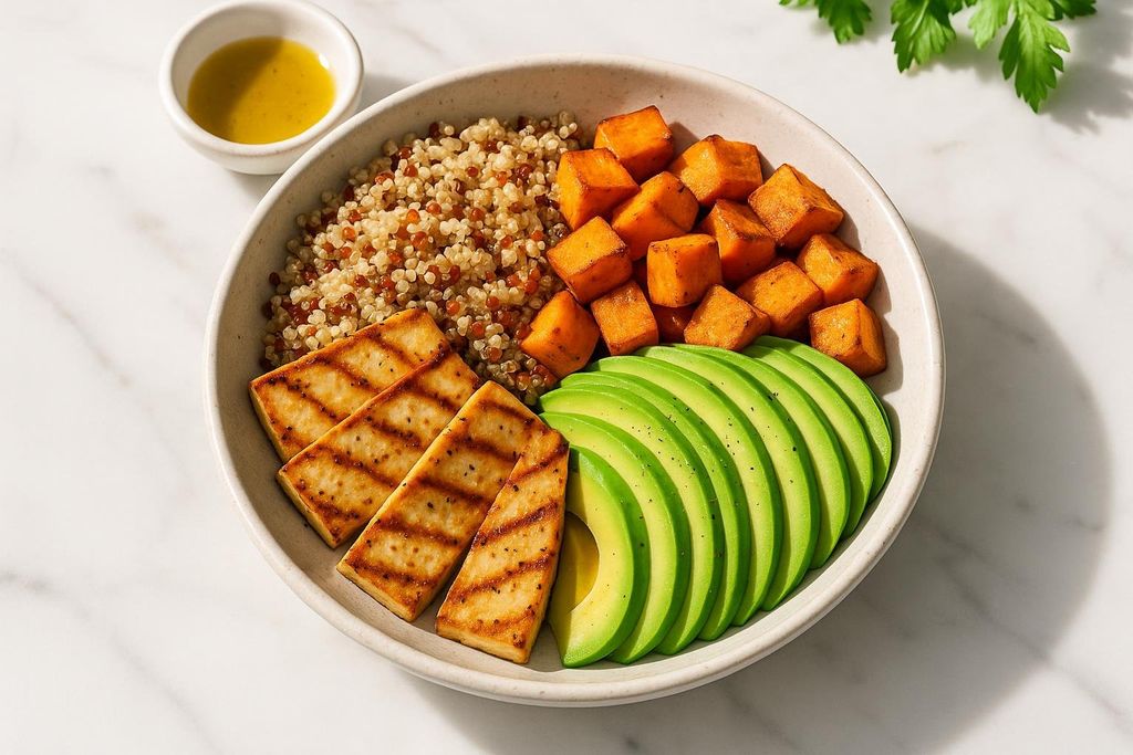 A healthy, nutrient-dense grain bowl with vegetables and tofu