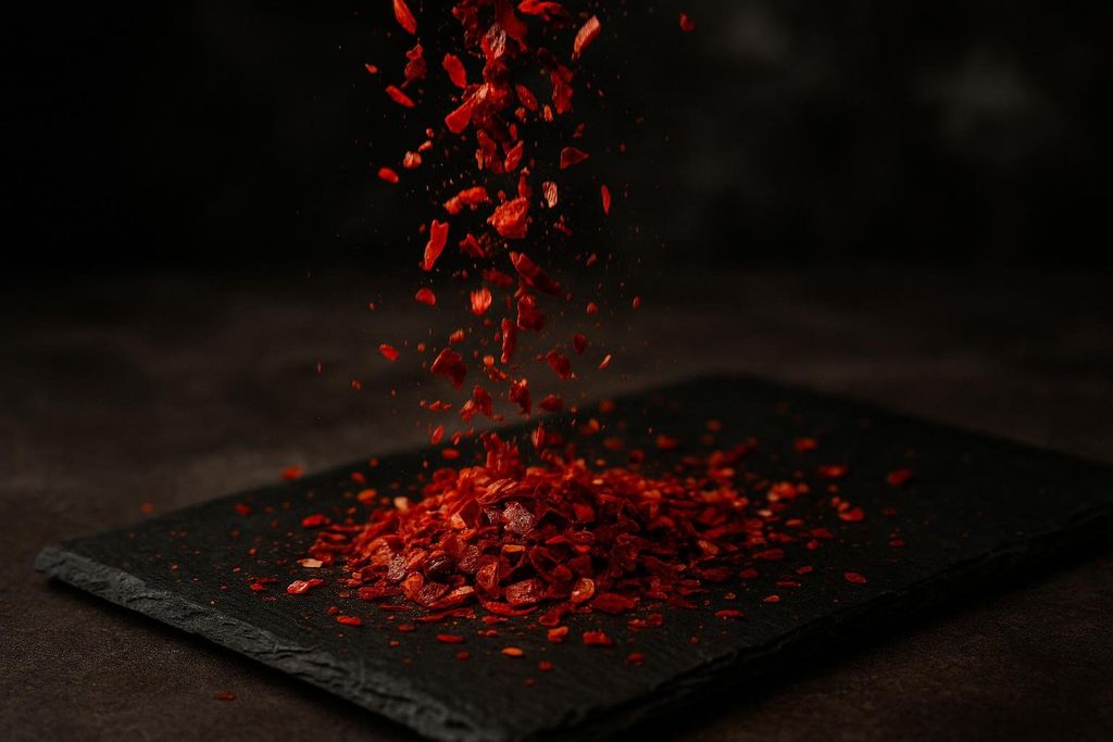 Bright red chili flakes falling and accumulating on a dark, rough slate slab, creating a dynamic visual against a blurred dark background.