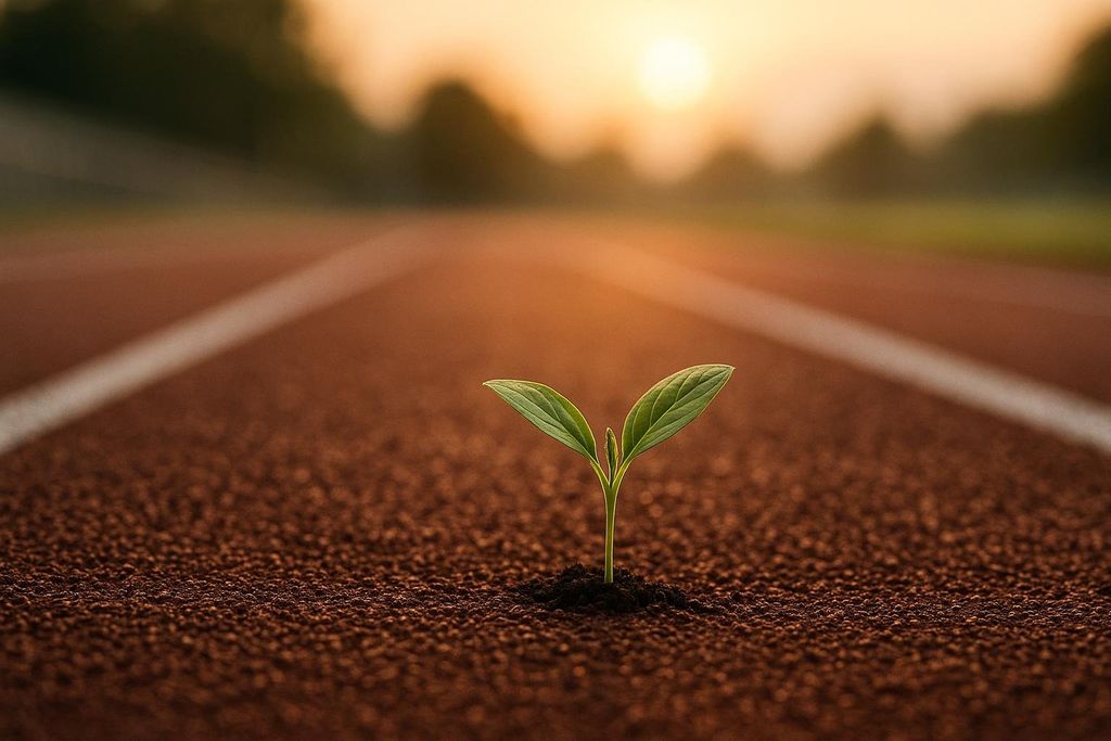 A tiny green plant sprout with two leaves emerges from the brown, textured surface of a running track, with a white lane line visible. The background shows a soft, glowing sunrise with muted trees, creating a warm, hopeful atmosphere.