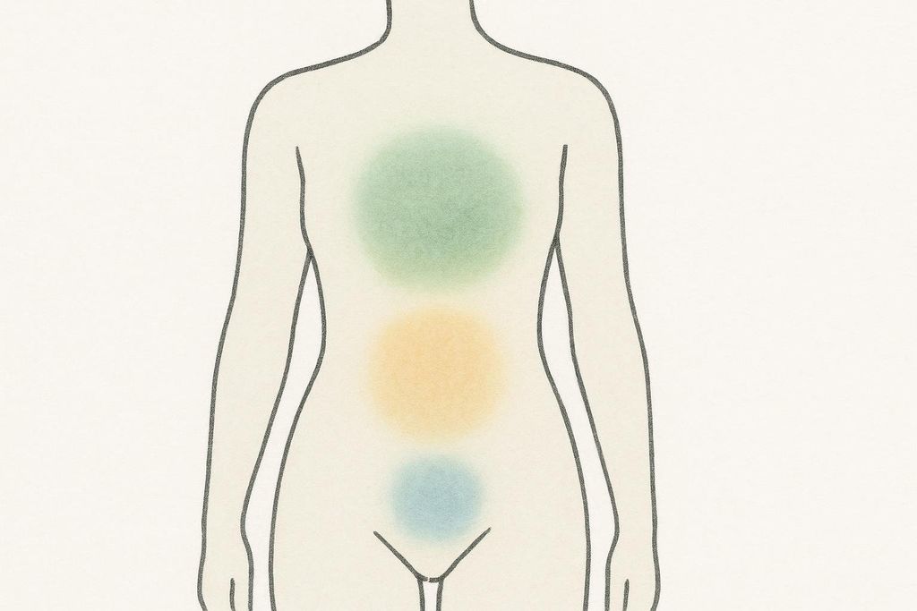 Illustration showing the interconnected gut, vaginal, and urinary microbiomes within a female torso, represented by colored circles. The green circle is in the abdominal area, the orange in the pelvic area, and the blue in the lower pelvic/perineal area, indicating the unique aspects of women's health.