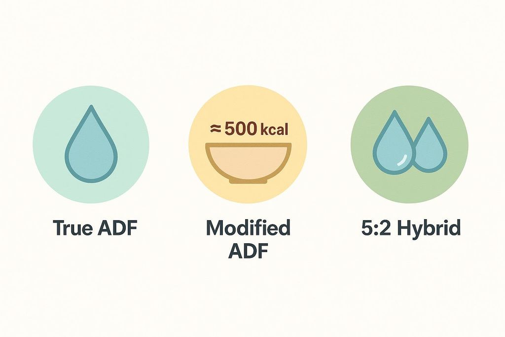 Three icons: a water droplet labeled True ADF, a bowl with '≈500 kcal' labeled Modified ADF, and two water droplets labeled 5:2 Hybrid.