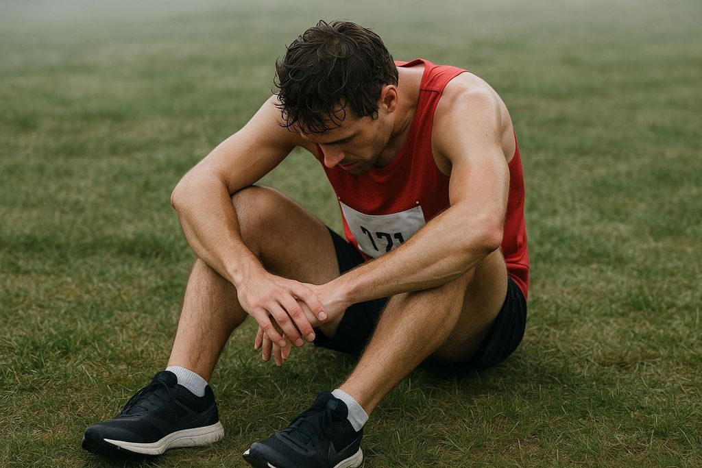 A male runner in a red tank top with a race number is sitting on green grass, looking down with an expression of defeat and fatigue after a race.