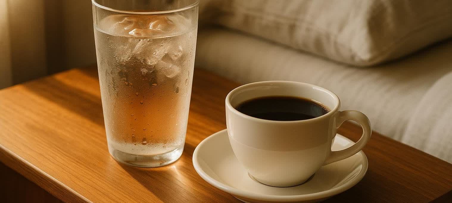 A close-up shot of a sweating glass of iced water next to a white cup of black coffee, both sitting on a light wooden nightstand. A soft, light-colored pillow is visible in the blurry background.