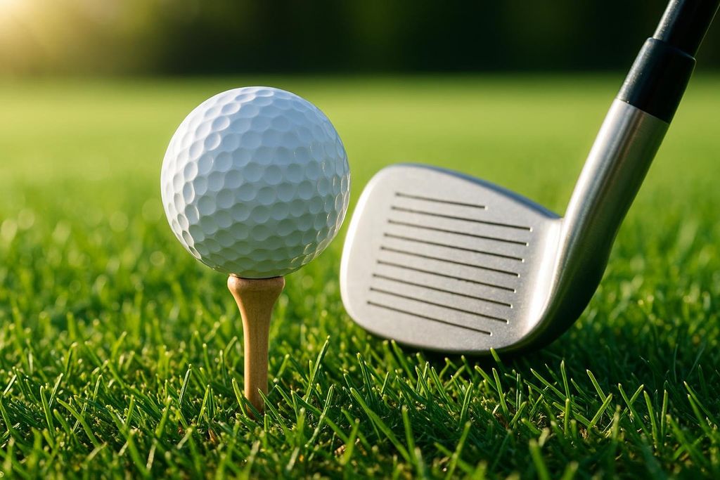 A close-up of a white golf ball on a wooden tee, with the face of a golf club resting on the green grass next to it. Sunlight shines in the upper left background.