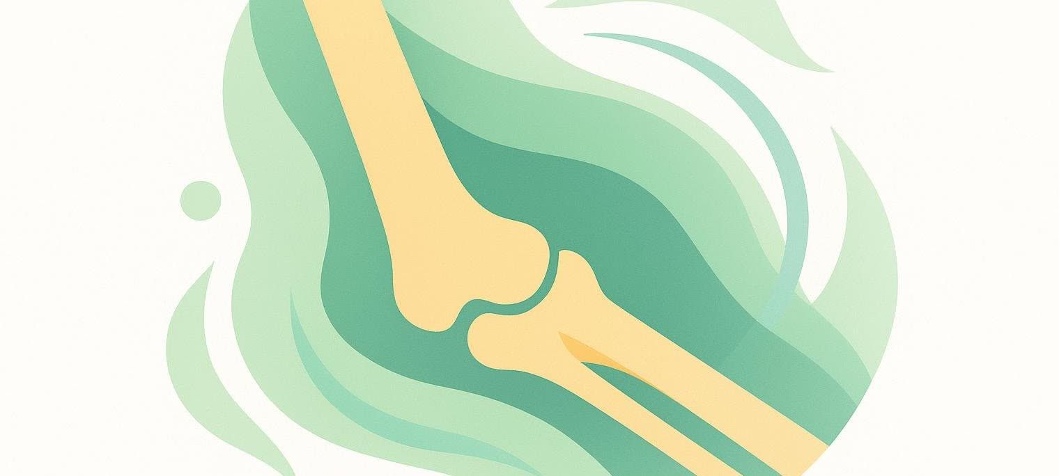 A stylized illustration of an elbow joint with bones shown in yellow against a background of wavy green and white shapes.