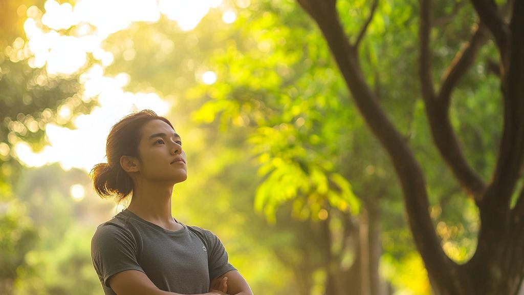A man with dark hair tied back looks up towards the sun in a bright green park. He is wearing a gray t-shirt and has his arms crossed.