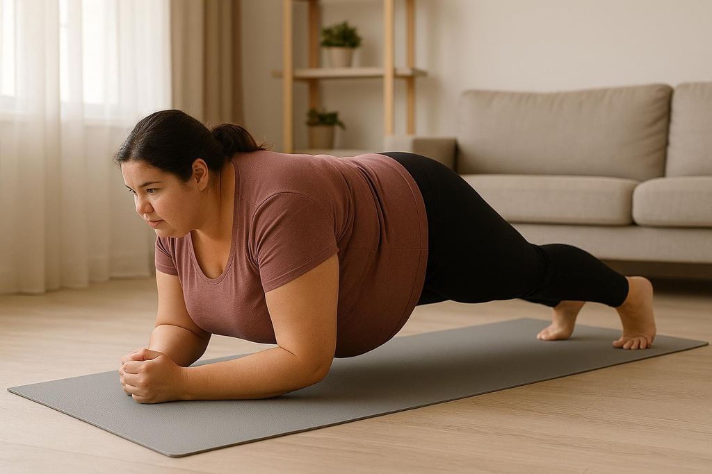 A woman with dark hair tied back in a ponytail, wearing a plum-colored t-shirt and black leggings, holds an elbow plank on a gray yoga mat. She is focused, looking downwards. In the background, there's a light-colored room with a window, a sofa, and a plant shelf.
