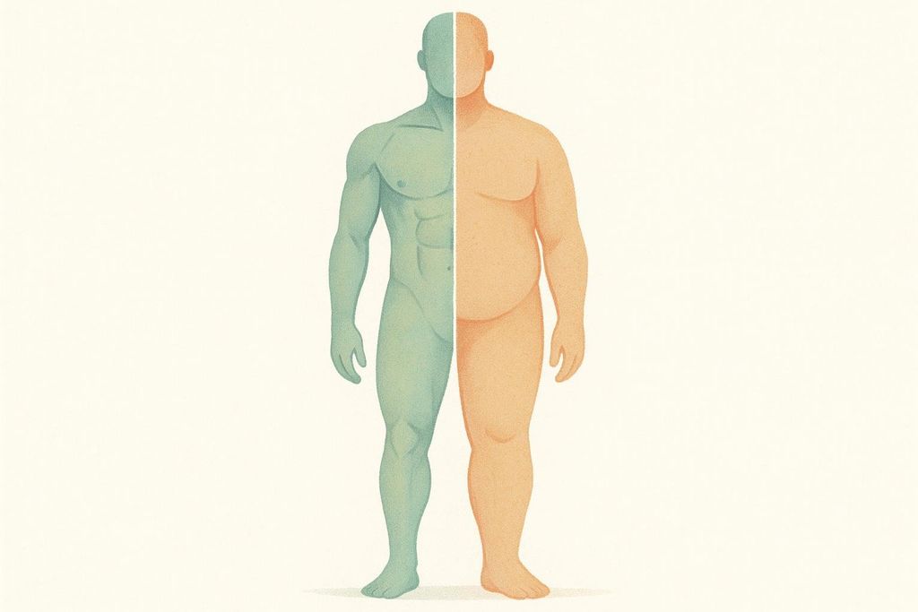 An illustration of a human body split vertically, showing a muscular physique on the left in teal and an overweight physique on the right in orange, representing different body compositions.