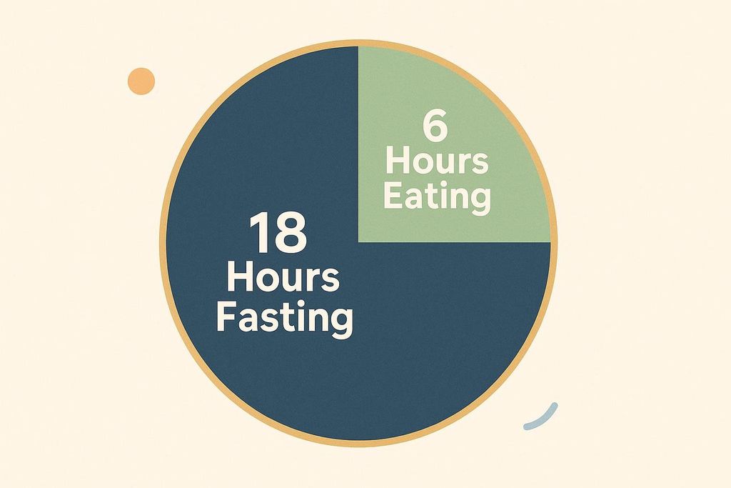 A pie chart showing an 18 hour fasting window and a 6 hour eating window
