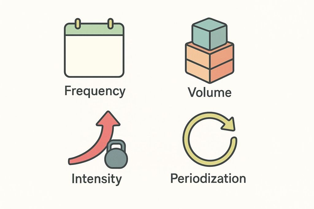 Four icons representing program design variables: frequency (calendar), volume (stacked boxes), intensity (arrow and weight), and periodization (circular arrow).