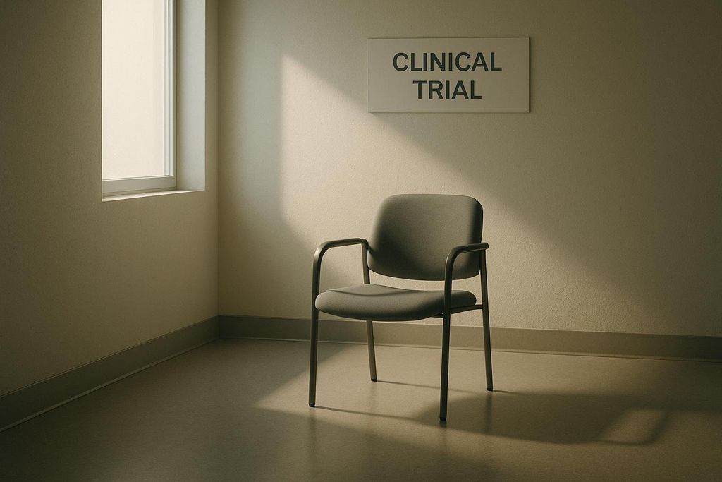 An empty gray chair sits in a stark, lightly lit room with a sign on the wall that reads 'CLINICAL TRIAL'. Sunlight streams through a window on the left, casting a shadow on the floor.