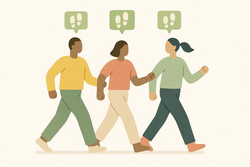 Illustration of three abstract figures walking together with step icons, symbolizing a corporate team fitness challenge.