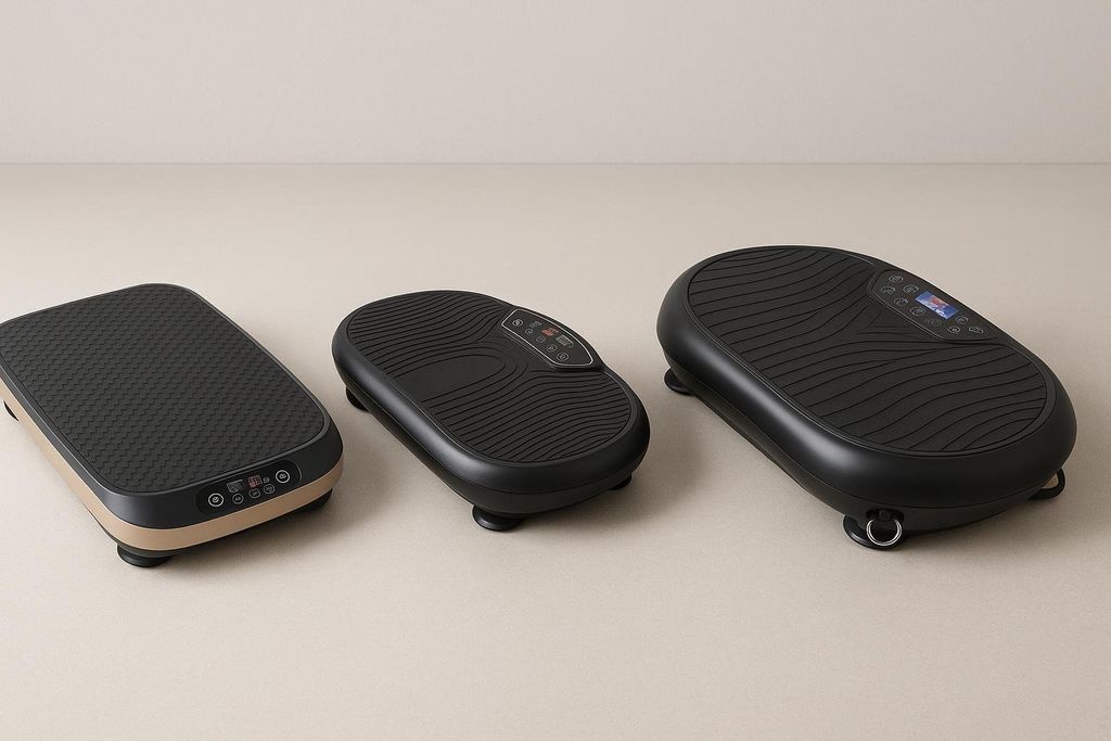 Three different vibration plates are displayed side-by-side to compare features for potential buyers. From left to right, a rectangular beige and black plate, a smaller black oval plate, and a larger black oval plate.