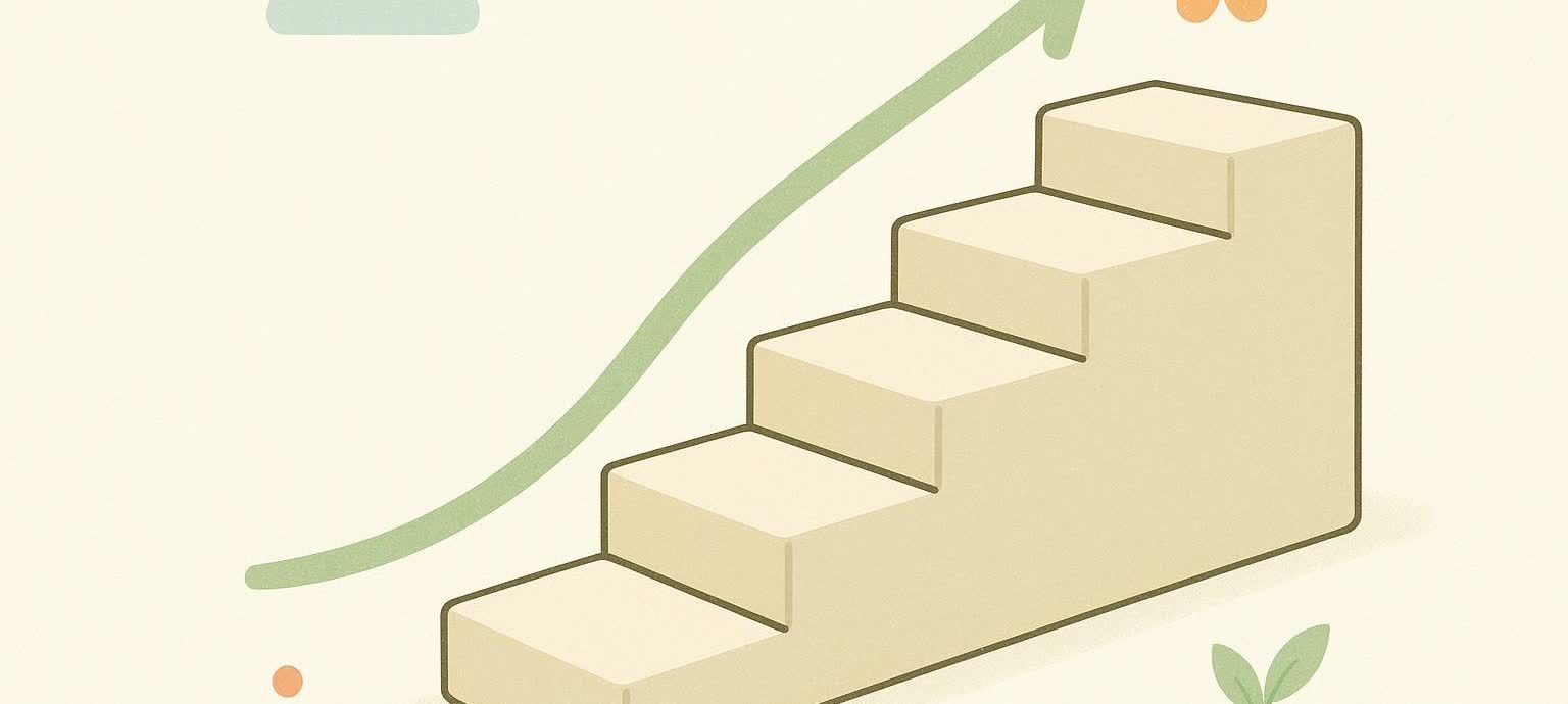 Illustration of a staircase with five progressively larger steps, depicting a gradual process or dose titration. A green arrow curves upwards from the bottom left, passing over the steps towards the top right.