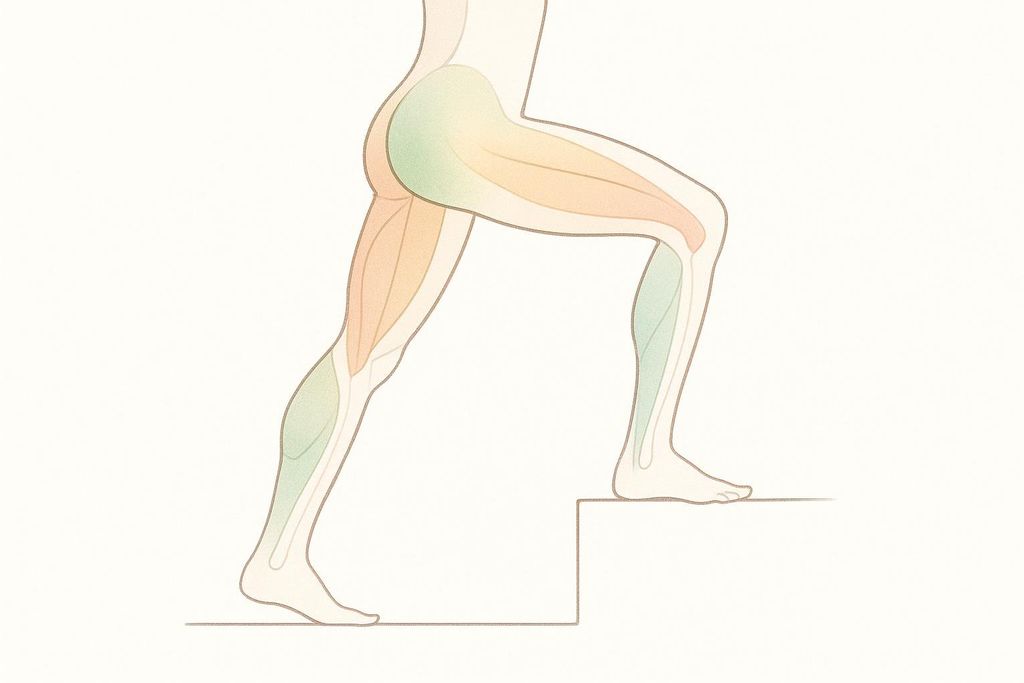 An anatomical illustration showing the leg muscles worked by the StairMaster: glutes (green on back of thigh/buttock), quads (orange on front of thigh), hamstrings (orange on back of thigh), and calves (green on back of lower leg).