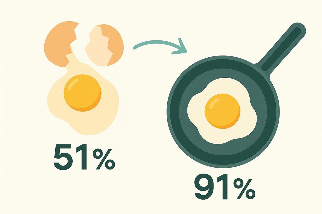 An illustration comparing the protein absorption percentages of raw and cooked eggs. A cracked raw egg shows 51% absorption, while a cooked fried egg in a pan shows 91% absorption, with an arrow indicating the transition from raw to cooked.