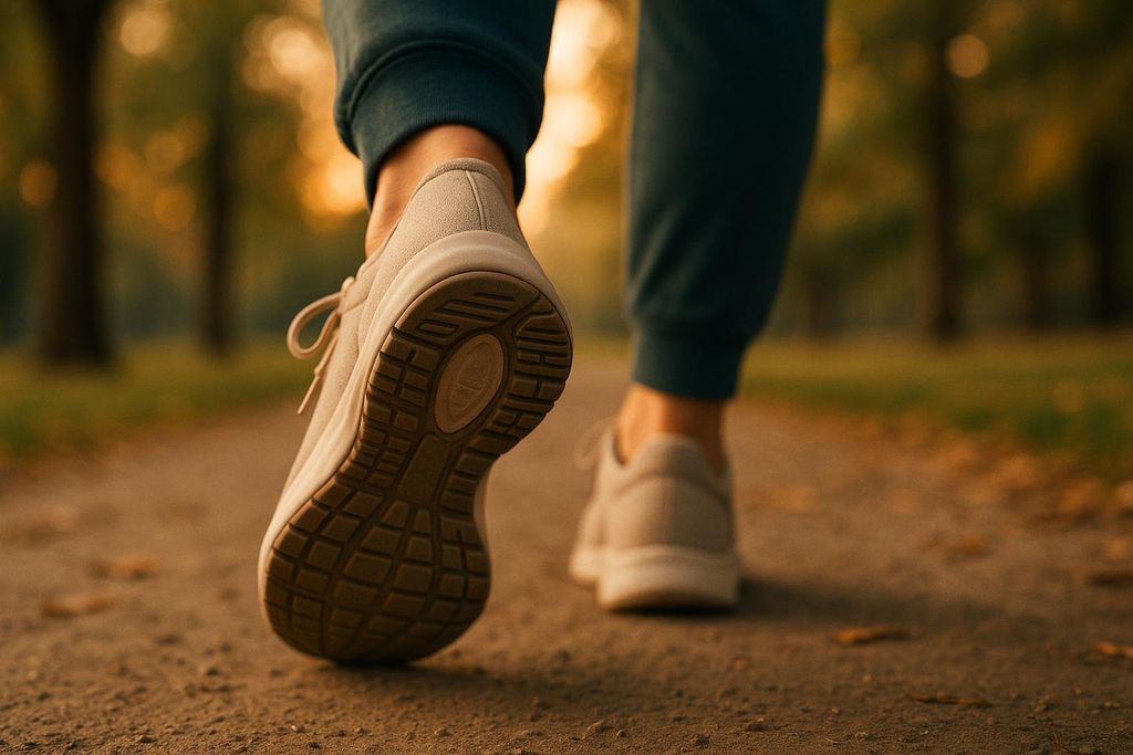 Close-up image of a person's feet and lower legs from behind, wearing light-colored athletic shoes and dark sweatpants, walking on a dirt or gravel path outdoors. The background is blurred with trees and warm light, suggesting a park or natural setting the light activity can provide benefit from.