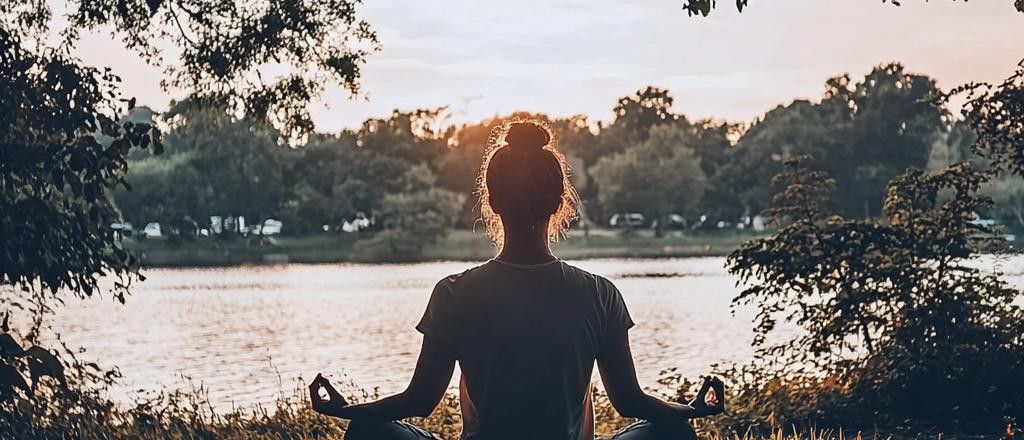 A woman is shown from behind, sitting cross-legged by a lake and meditating as the sun sets behind her. Trees and brush line the lake and surround her.