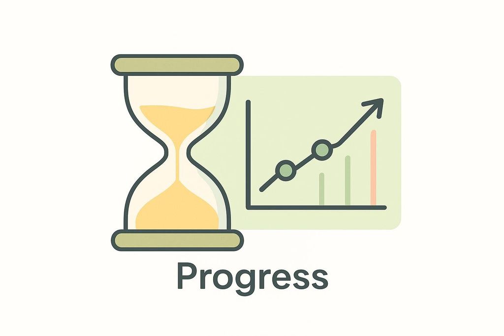 An illustration featuring an hourglass on the left, with sand flowing from top to bottom, next to a line graph on the right showing an upward trend with data points and vertical bars. The word 'Progress' is centered below the icons.