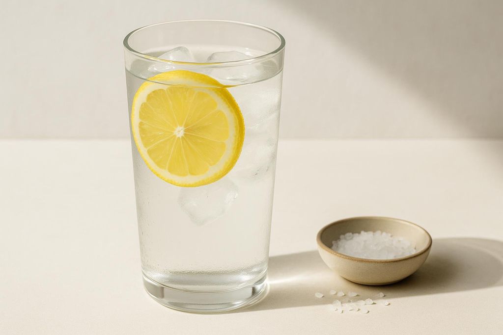 A glass of water with ice and a lemon slice, next to a small bowl of coarse salt.