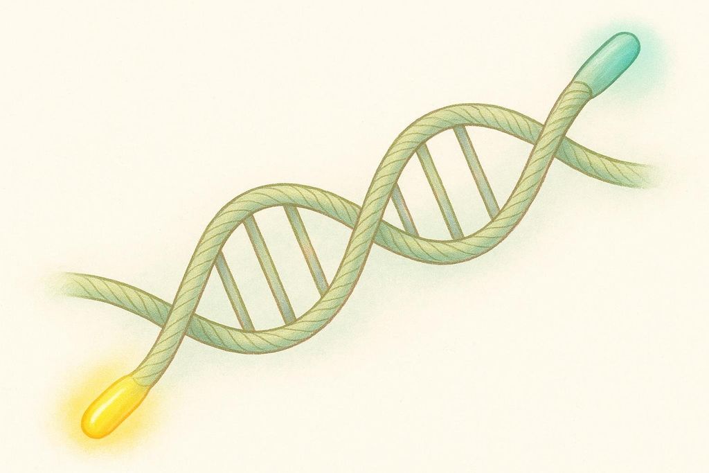 An illustration of a green DNA double helix with a bright yellow tip on one end and a bright blue-green tip on the other, representing telomeres.