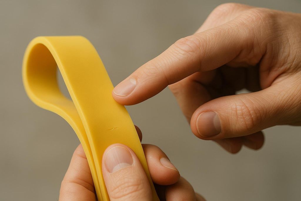 A close-up of a person's hands inspecting a yellow resistance band, with one finger pointing at a small nick or sign of wear on the band.