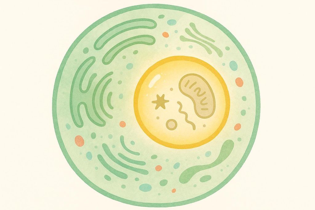 An abstract illustration of a cell performing autophagy, with a smaller central vacuole-like structure engulfing internal components like a mitochondria and other organelles, set within a larger green cell body.