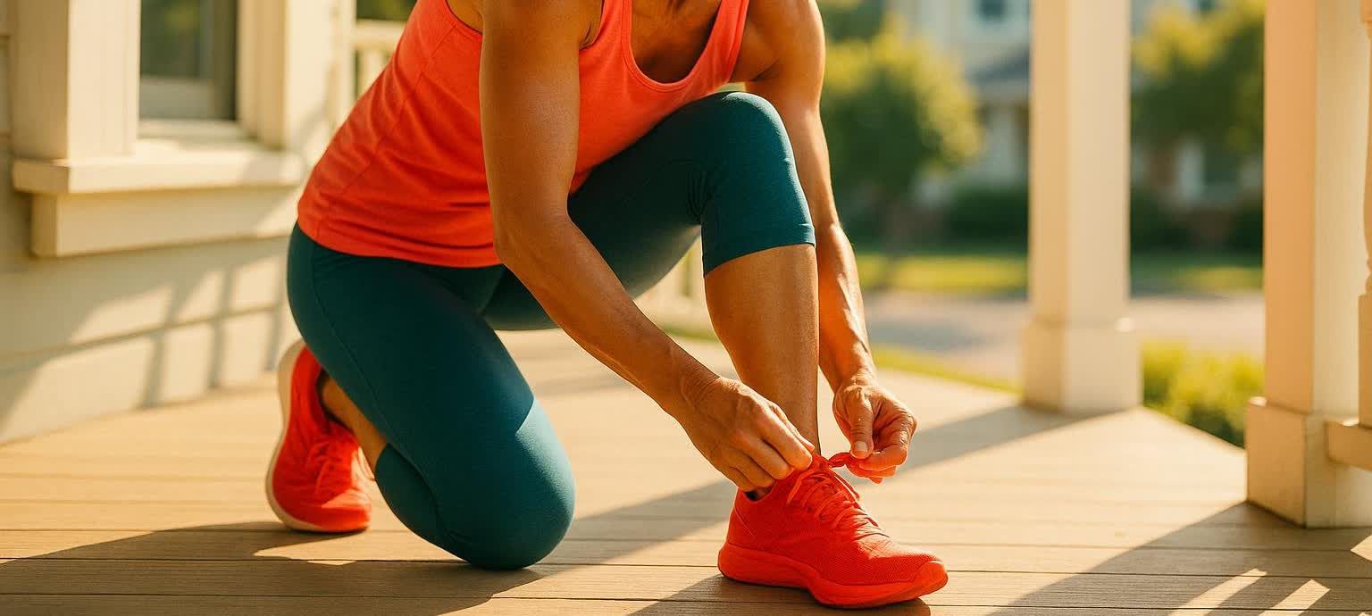 A woman over forty preparing for a morning exercise routine.